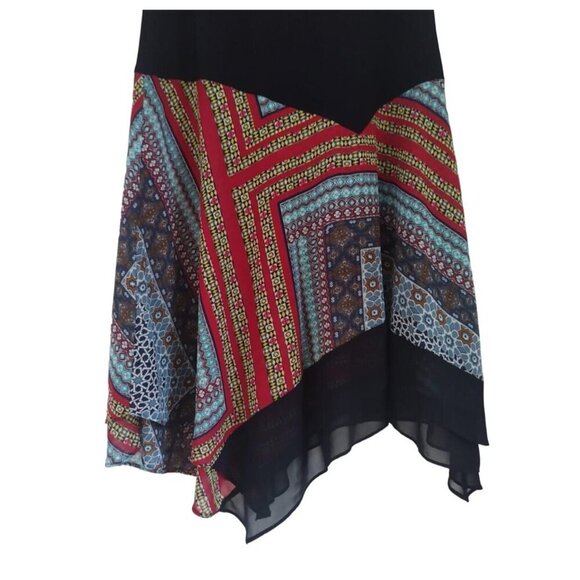 MSK Women's Medium Sleeveless Black & Multicolor Handkerchief Hem Dress. - Picture 3 of 6